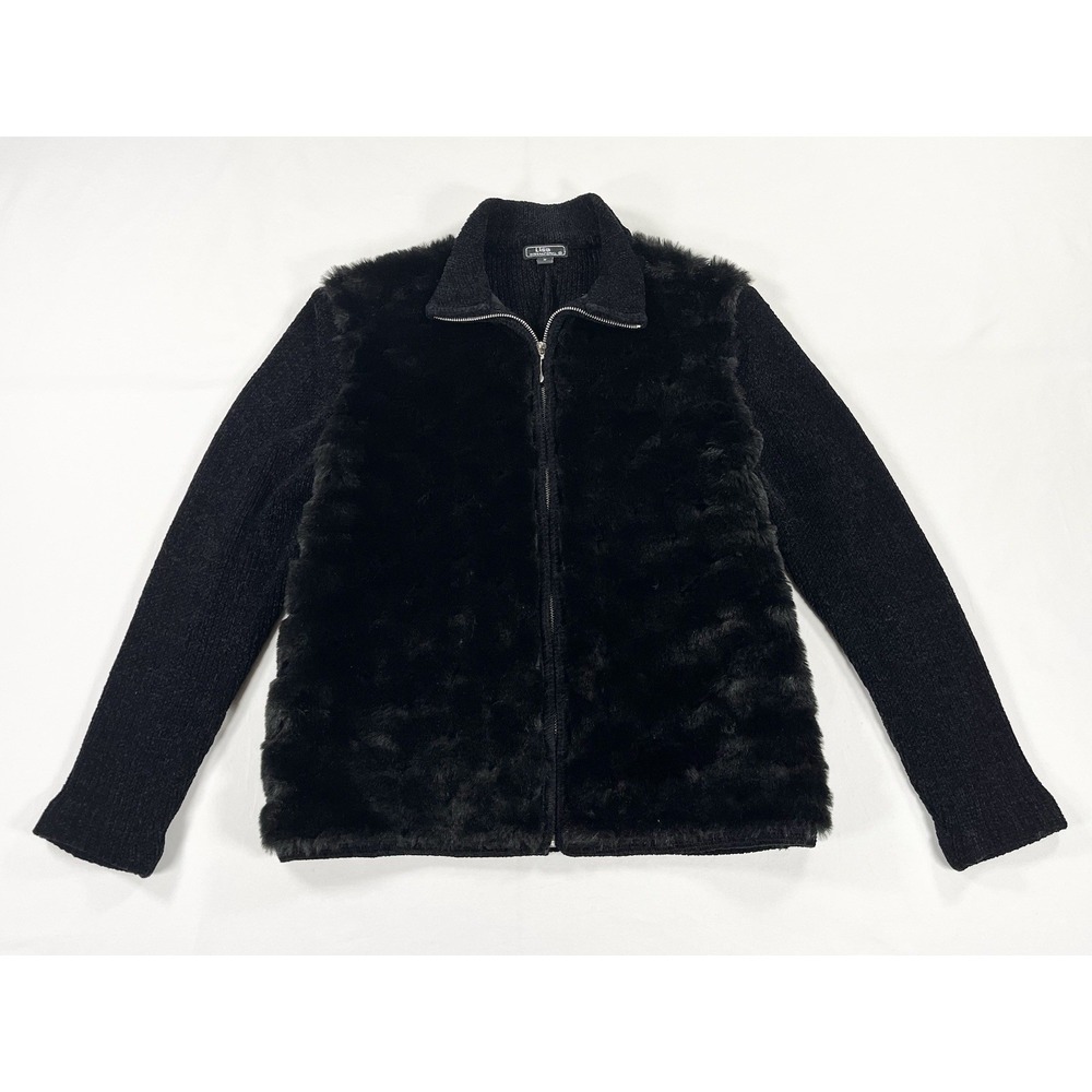 Vintage Lisa International Faux Fur Sweater Jacket Full Zip Black Knit Womens M